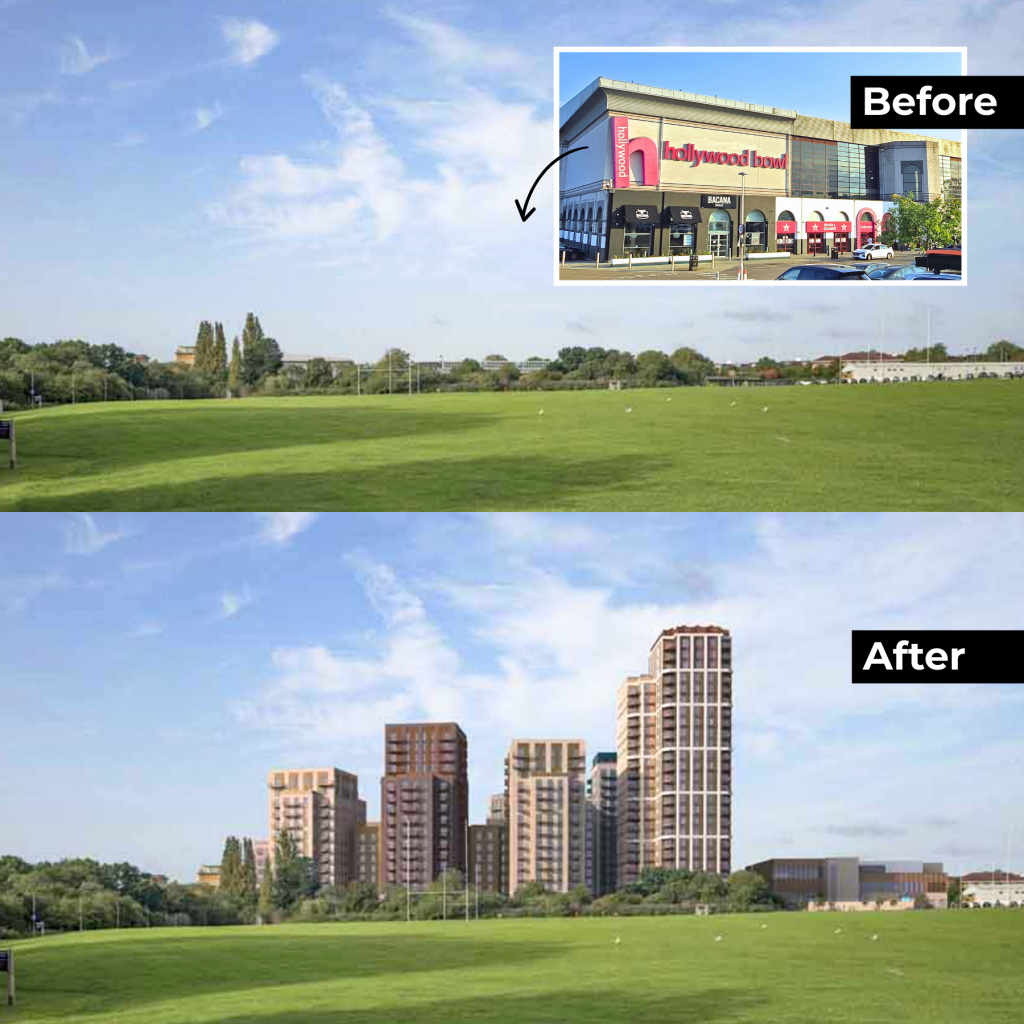 comparing the before and after of GNLP development site. View from the Glebelands Nature Reserve. Before a night clear view with blue skies, after a massive row of towerblocks.