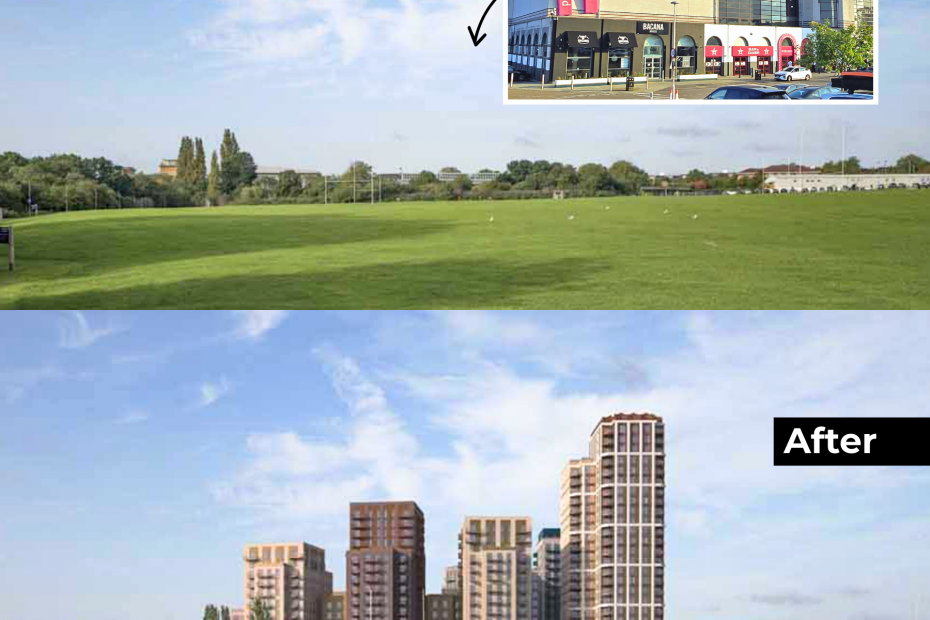 comparing the before and after of GNLP development site. View from the Glebelands Nature Reserve. Before a night clear view with blue skies, after a massive row of towerblocks.